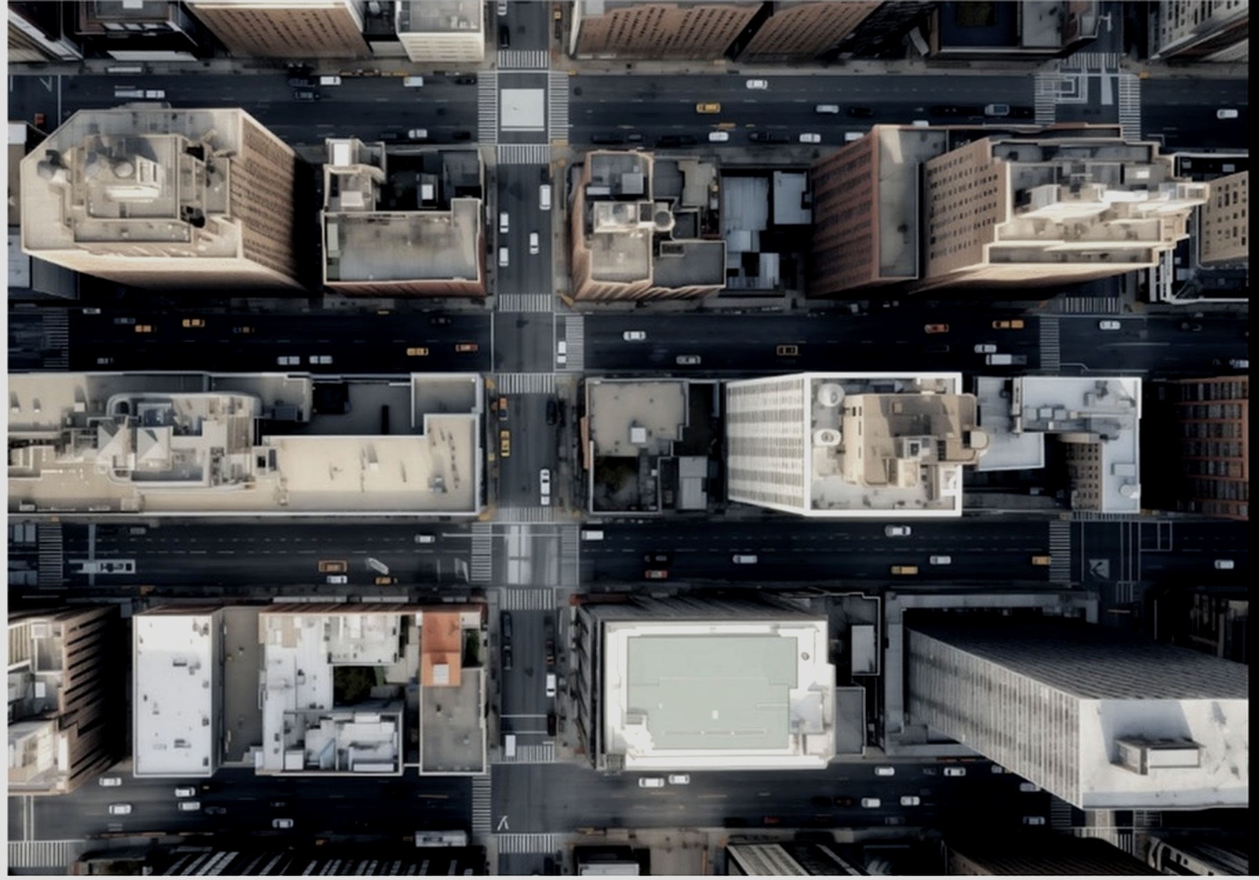 Aerial view of commercial building rooftops in a dense city block